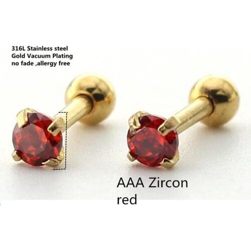 Titanium Gold-color Plated Screw Stud Earrings With Mini 3mm Red AAA Zircon 316L Stainless Steel No Fade No Allergy