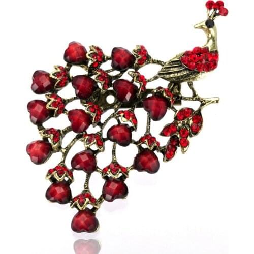 Vintage Peacock Party Brooch Bronze Plated Antique Color Red Rhinestone and Resin Crystal Prom Gift Pins