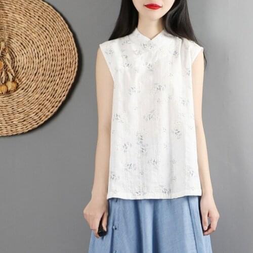 Vintage Floral Printed Shirt Summer Tanks Tops Women Sleeveless Blouse Casual Cotton Linen Blusas Female Cheongsam Top KK3697
