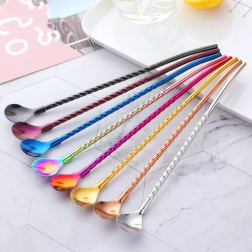 Twisted Straw Spoon Stirring Spoon Portable Gold Tea Scoop Reusable Colored Stainless Steel Straws Dinnerware For Bar Party