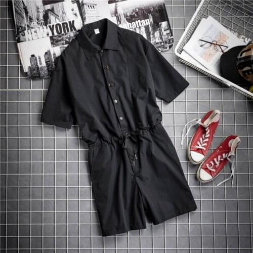 Japan Style Vintage Hip Hop Striped Short Sleeve Rompers Men Jumpsuit Knee Length Pants Summer Pocket Loose Fit Overalls Men