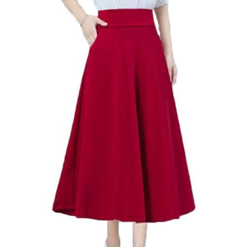 Plus Size Womens Skirts Spring Autumn Big Swing Female Long Skirt Casual Loose Ladies Pleated Skirt Elegant Pockets Women Skirt