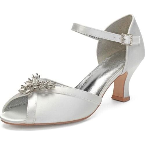 Kitte Heels Satin Women Dress Shoes Peep Toe Heeled Ankle Buckle Strap Crystals Formal Wedding Party Ladies Pumps