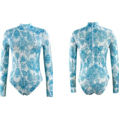 Women’s Plus-sized Printed One-piece Swimsuit, High Collar Thong Crotch, Long Sleeve Sun-Proof Swimsuit for Beach/Vacation