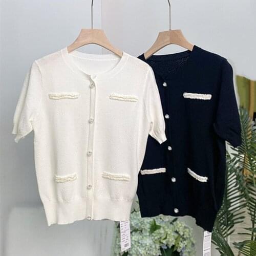 Ice silk viscose knit women summer thin cardigans coat Oneck single breasted half sleeve pearls spliced M/L/XL