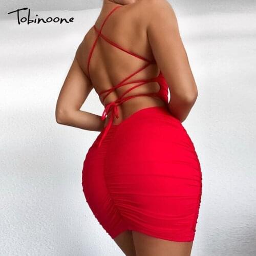 Tobinoone Red Backless Sexy Bandage Dress Women hollow out Lace Up Spaghetti Strap Club Party Mini Ruched Bodycon Summer Dresses