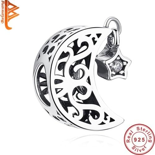 BELAWANG 925 Sterling Silver Openwork Moon and Star Goodnight Charm Beads fit Pandora Bracelet DIY Jewelry Valentine Day Gift