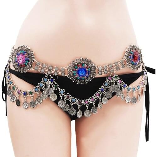 Afghan Stone Crystal Flower Body Waist Chain Women Coin Dance Dress Belt Belly Chains Hippie Turkish Tribal Gypsy Beach Jewelry