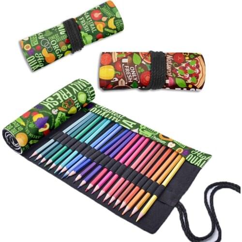 Cartoon Funny Printed Roll Pencil Case 12/24/36/48/72 Holes Harajuku Creative Girls Boys Pen Bag Drawing Storage Canvas Bags