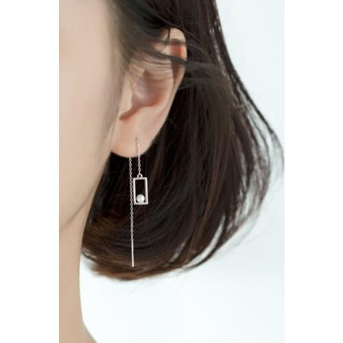 Colusiwei Authentic 925 Sterling Silver Hollow Rectangle Pearl Drop Earrings for Women Long Chain Dangle Earrings Fine Jewelry