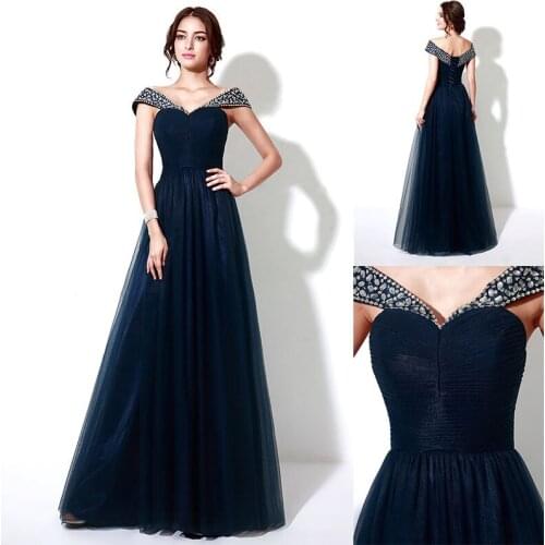Beaded Capped Sleeve Long Party Gowns A Line Navy Blue Evening Dresses Lace Up Back Robe De Soiree