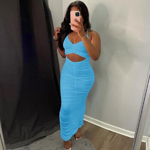 DSMTRC 2021 New Sky Blue Sexy Hollow Out Bodycon Midi Dress Solid Hot Streetwear Holiday Party Sleeveless Summer Ruched Vestidos