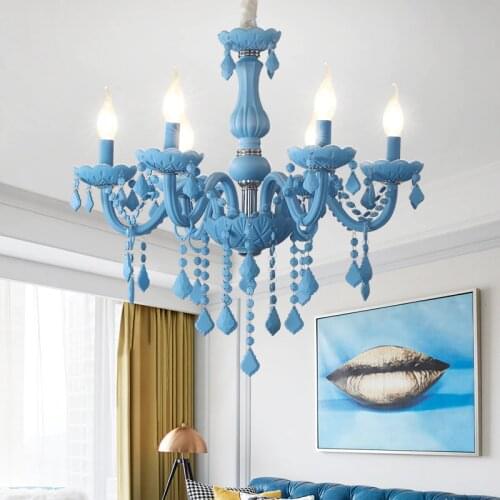 Crystal Chandelier Blue Hanging Lighting European Style Glass Chandeliers Light for Living Dining Room Restaurant Decor Lights