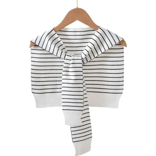 Korean Woolen Knit Warm Shawl Winter Female Blouse Shoulders Fake Collar Cape Knotted Scarf Stripe Neck Guard Scarve O44