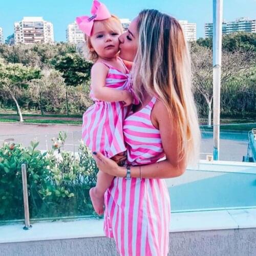 Mother Daughter Dress 2021 Summer Women Kids Baby Girl Sleeveless Striped Pink Dress Boho Casual Family Matching Clothes