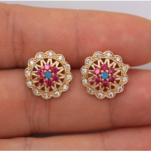 Trendy Gold Plated Copper Round Stud Earrings Zirconia For Women Fashion Jewelry Accessories Wedding Anniversary Gifti