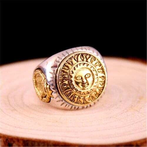 Real 925 Sterling Silver Men Ring Gold Color Sun God Smile 3D Dinosaur Sculpture Adjustable Size Vintage Punk Handmade Jewelry