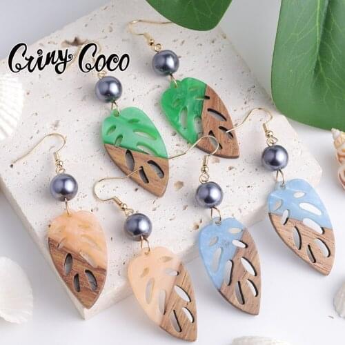 Cring Coco Wood Leaf Earrings for Women Pearl Drop Earring Hawaiian Dangle Hooping Colourful Ear Ring Jewelry Girls for Party