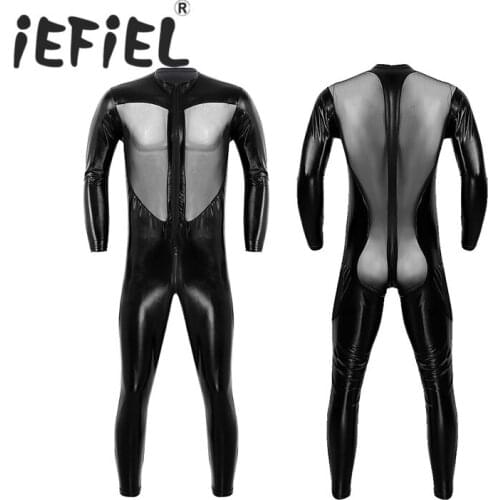 Unisex Mens Women Wet Look PVC Leather Long Sleeves Zipper Front Mesh Splice Full Body Bodysuit Leotard Sexy Costume Clothes