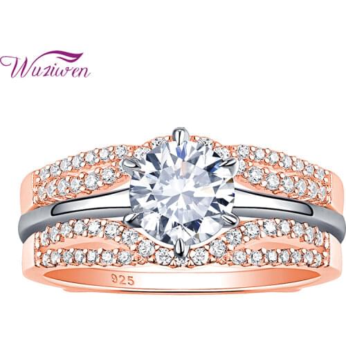 Wuziwen Two Tones Solid 925 Sterling Silver Rose Gold AAAAA Cz Wedding Rings For Women Solitaire Engagement Ring Set Jewelry