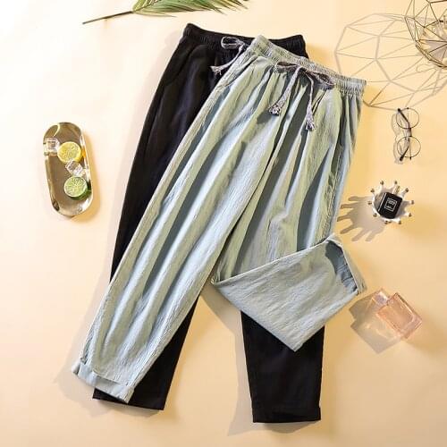 2021 New Arrival Summer Korean Style Women Cotton Linen Ankle-length Pants Casual Loose Elastic Waist Harem Pants W553