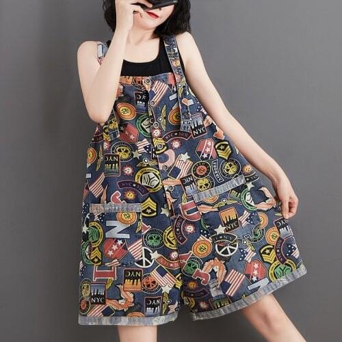 Summer Korean Preppy Style Jumpsuits Denim Overalls Casual Girls Cartoon Print Jeans Shorts Women Kawaii Cute Strap Rompers 2021