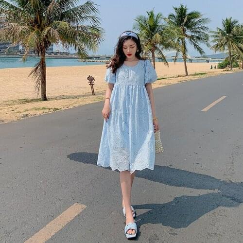 Lace Hollow Out Embroidery Summer Fashion Dress Women Short Sleeve High Waist Loose Blue Korean Chic Dress