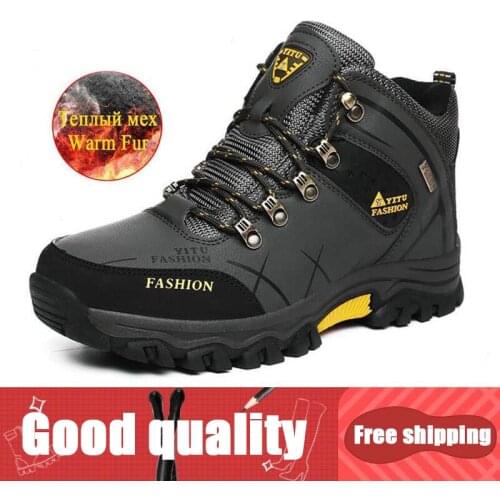 Winter Snow Boots For Men Outdoor Hiking Boots Waterproof Leather Winter Boots Plush Warm Mens Boots Walking Shoes Plus Size