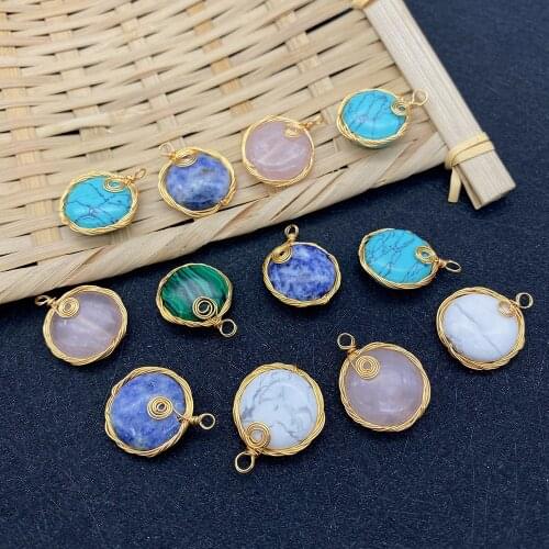 3 Pieces of Natural Stone Winding Round Pendant Malachite Powder Crystal Opal Colorful Handmade DIY Necklace Bracelet Pendant