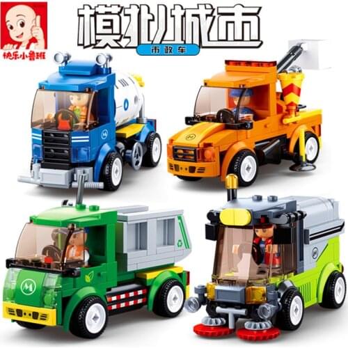 497PCS S Luban 0781 Municipal Engineering Truck 4 Mixer Clean Sprinkler Repair Garbage Assembled Building Blocks Gift