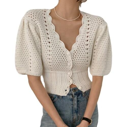 Hollow Out Knitted Solid Women Cardigan New Design 2021 Lantern Sleeved V-Neck Short Empired Elegant Office Lady Outwear Tops