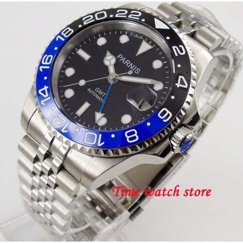 New 40mm parnis mechanical watch men waterproof GMT sapphire black dial blue stainless steel Bracelet luminous auto wrist 1252