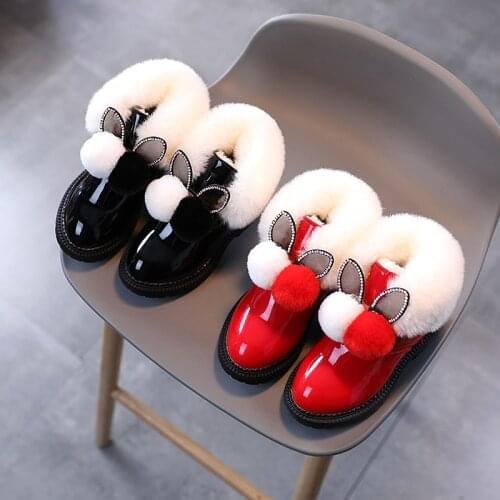 Kids Ankle Boots Rabbit Ear Children Leather Boots for Toddlers Big Girls Patent Leather Bright Skin Fluffy Pom-pom Warm Plush
