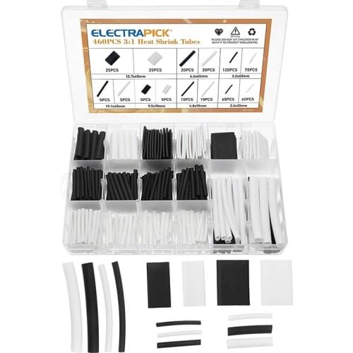 Electrapick Heat Shrink Tubing Set 460 Pieces 3:1 7 Sizes 90 mm / 40 mm Long Black White