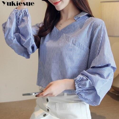 Elegant Turtleneck Blouse lantern Long Sleeve White stirped Shirt Office Ladies Top Casual V neck Womens Blouses Plus size