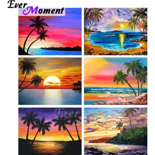 Ever Moment Diamond Painting Full Square Resin Drills Coconut Tree Wall Art Colorful Sunset Embroidery Diamond Display ASF2207