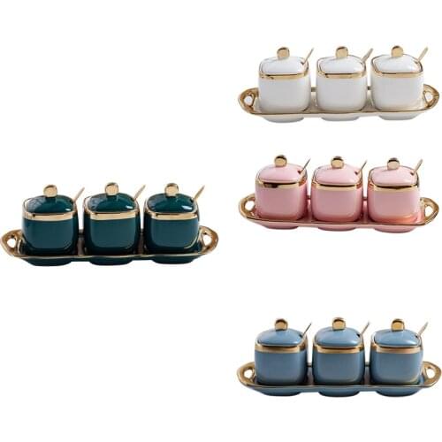3PCS Ceramic Seasoning Jar Seasoning Box Creative Salt Jar Combination Set Storage Jar Home Kitchen Utensils