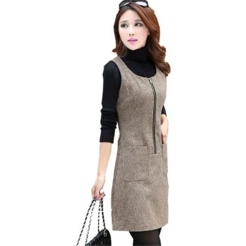 Womens Plus Size Autumn Plaid Woolen Dresses Spring Oversized Sleeveless Tank Knee Length Slim Warm Lady Plaid Vestido Robe