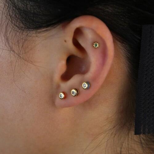 Fashion Jewelry 925 Silver Shining Zircon Round Small Stud Earrings Gold Color Red/Blue/Black Mini Circle Ear Stud For Women Men