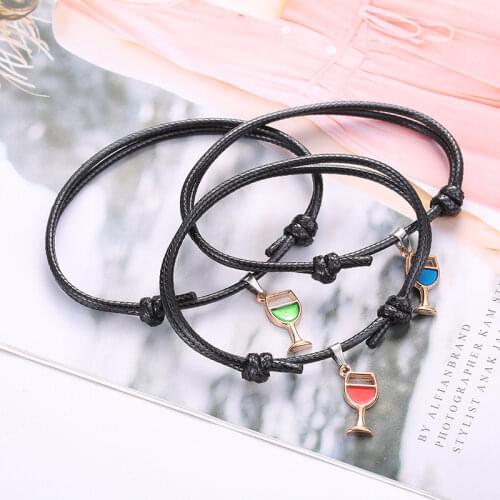 Fashion Wine Glass Pendant Adjustable Bracelet Creative 3-Piece Set Leather Hand Chain Jewelry Elegant Women Party Accessories