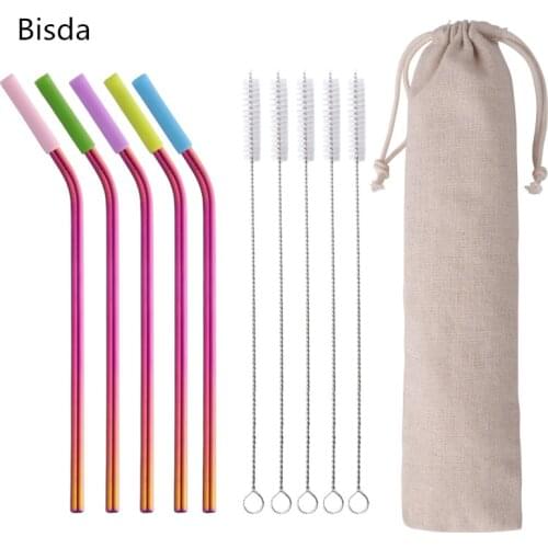 10pcs Stainless Steel Drinking Straw Set With Silicone Sleeve +5 Brushes+2 Bags Reusable Metal Straws Set For Bar Accessories