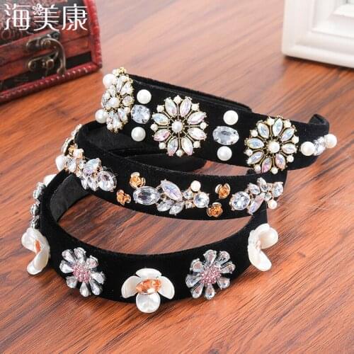 Haimeikang New Hair Accessories Baroque Jeweled Pearl Hairband Crystal Rhinestone Bezel Elegant Velvet Satin Headband For Women