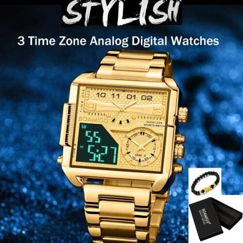 New BOAMIGO Multiple Time Zone Analog Digital Quartz Watches Men Luxury Gold Steel Sport Square Watch Fashion Waterproof Clock