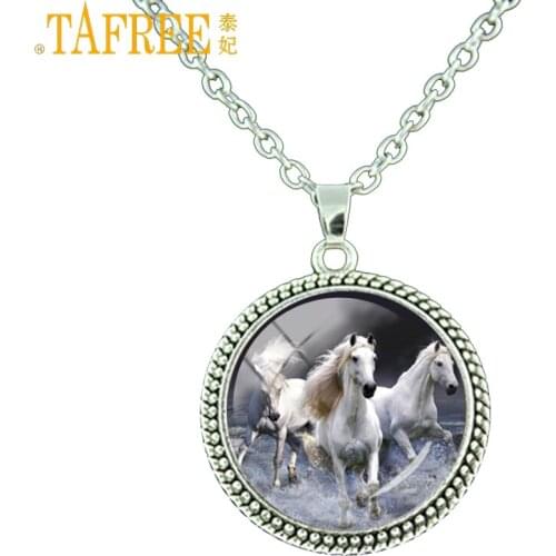 TAFREE Clear White Unicorn picture glass cabochon dome necklace Love Horse Necklaces Color Vintage pendant jewelry ES53