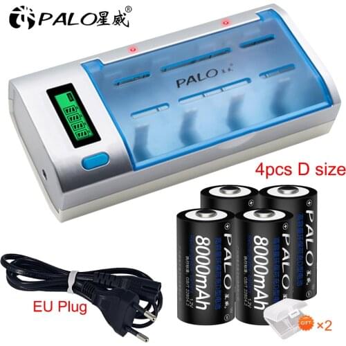 PALO LCD Display Smart Intelligent Battery Charger For 1.2v AA/AAA/SC/C/D/9V Batteries +4pcs 8000mAh D Size Batteries Type D