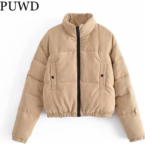 PUWD Casual Women Cotton Padded Thick Parkas 2021 Winter Fashion Ladies Pockets Stand Collar Coats Female Chic Warm Outwear