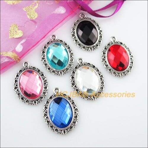 6Pcs Tibetan Silver Color Flower Oval Mixed Crystal Charms Pendants 21x28.5mm