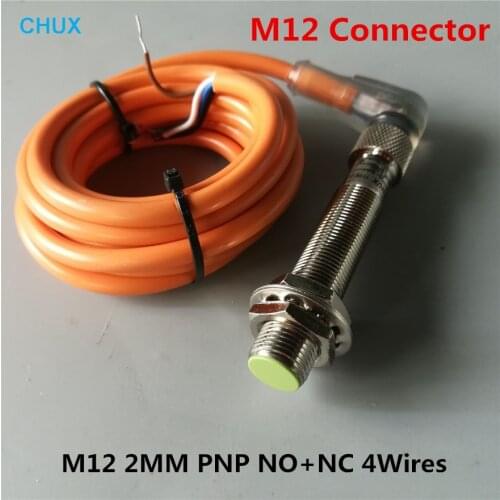 M12 Sensor Connector Bend Type PNP NO+NC 4wires 6-36VDC 2mm Sensing Detect Distance Inductive Proximity Sensors Switch