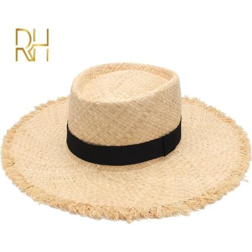 RH Women Straw Boater Sun Hat Summer Black Ribbon Raffia Fedora Beach Panama Cap