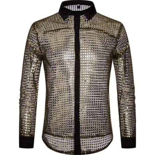 Dot scales shirt men long sleeve shirt teenage korean fashion punk slim sexy shirt mens personality stage singer dance autumn